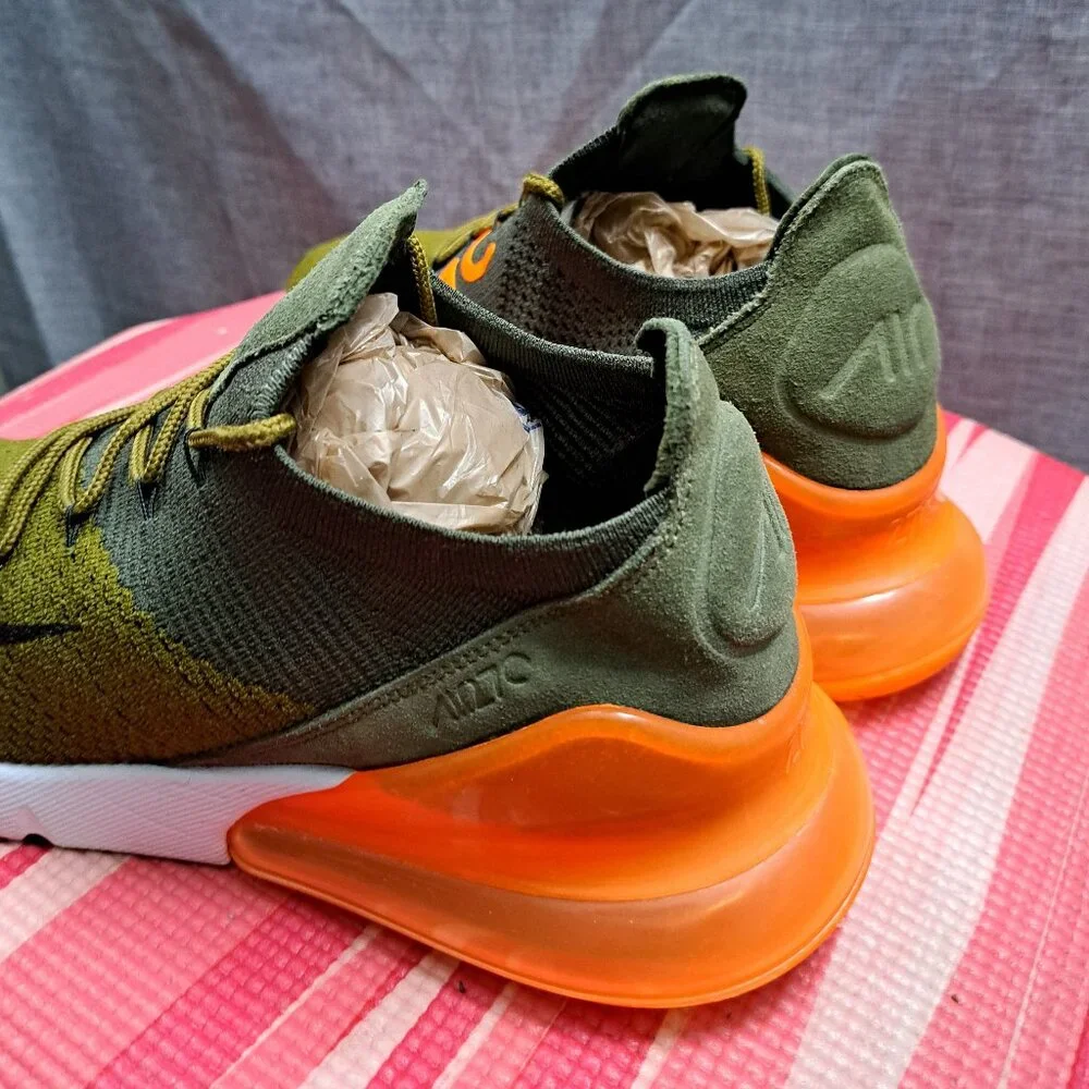 ! Nike Air Max 270 Flyknit Men 10.5 Olive Green Orange Men's Athletic Sneakers - Picture 5 of 14